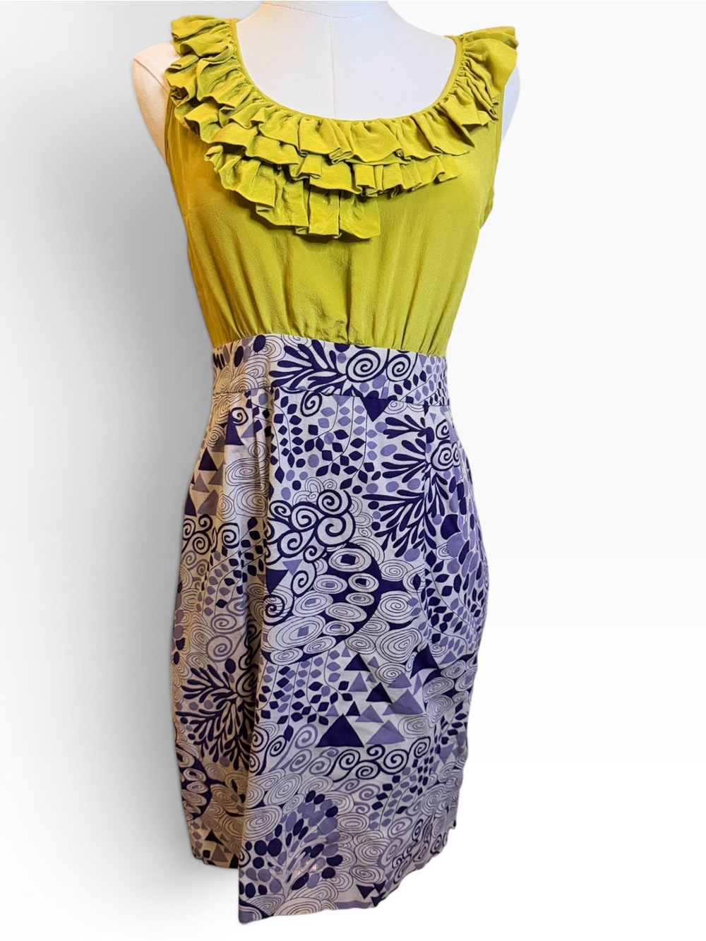 Anthropologie Maeve Chartreuse Silk Ruffle Pencil Dress Size 4 Artistic Parisian